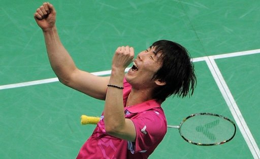 Wan Ho Shon of Korea reacts after defeating Malaysian badminton player Lee Chong Wei