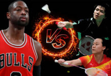 Dwyane Wade plays badminton with Zhao Yunlei, Bao Chunlai