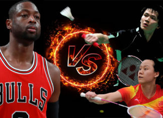 Dwyane Wade plays badminton with Zhao Yunlei, Bao Chunlai