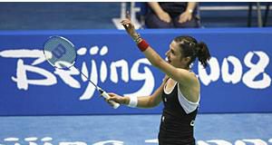 Anna Rice of Canada celebrates her win over Eva Lee of the U.S. in their women's singles first round badminton match at the Beijing 2008 Olympic Games August 9, 2008.