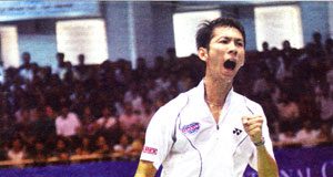 Born to be wild: Nguyen Tien Minh reacts after defeating Rumbaka Dyonisius Hayom, of Indonesia, 21-13, 21-15 in the men's singles final of the Ciputra Hanoi-Vietnam Challenge yesterday. Minh defends his title and goes home with $1,125 and 4,000 points bonuses.