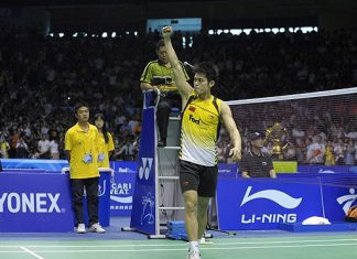 China's Lin Dan gestures to the spectators after defeating South Korea's Park Sung Hwan (not pictured)