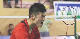Big win: China&rsquo;s Chen Long celebrating his win over Indonesia&rsquo;s Taufik Hidayat Wednesday. Chen Long won 21-14, 20-22, 21-19.