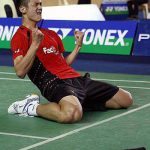 China’s Chen Long celebrating his win over Malaysia’s Tan Chun Seang in the men singles quater-finals match at the Malaysia Open GP Gold in Johor Bharu, on Friday. Chen won 21-14 12-21 21-16.