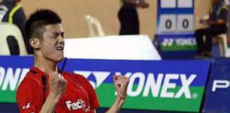 China's Chen Long celebrating his win over Malaysia's Tan Chun Seang in the men singles quater-finals match at the Malaysia Open GP Gold in Johor Bharu, on Friday. Chen won 21-14 12-21 21-16.