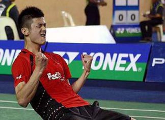 China's Chen Long celebrating his win over Malaysia's Tan Chun Seang in the men singles quater-finals match at the Malaysia Open GP Gold in Johor Bharu, on Friday. Chen won 21-14 12-21 21-16.