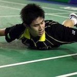Malaysia’s Tan Chun Seang takes a fall during the men singles quater-finals match against China’s Chen Long at the Malaysia Open GP Gold in Johor Bharu on Friday.