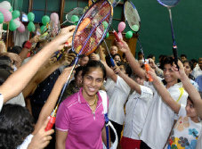 Hail the champ: Saina Nehwal gets a grand welcome at a felicitation function organised by Badminton45 in Mumbai on Saturday.