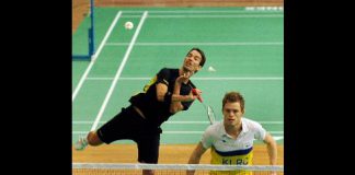 England badminton players Nathan Robertson, left, and Andrew Smith practice with teammates at the venue of the World Badminton Championships in Hyderabad, India on Aug. 8, 2009.