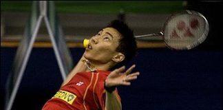 Malaysia's Lee Chong Wei competes against Germany's Dieter Domke, unseen, during the World Badminton Championships, in Hyderabad, India, Monday, Aug. 10, 2009.