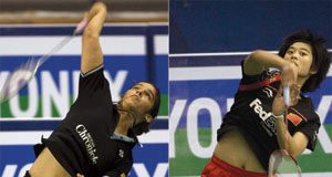 Saina Nehwal (left) and Wang Lin