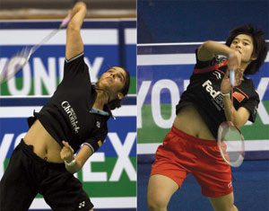 Saina Nehwal (left) and Wang Lin