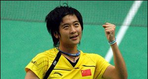 Lin Wang of China reacts after defeating Saina Nehwal by 21-16, 21-19 in the quarter-finals at the World Badminiton Championships.