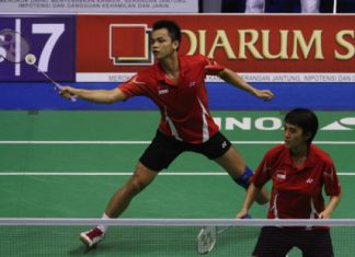 Hendra April Gunawan, left, and Vita Marissa lost in the mixed doubles final to Chinese duo He Hanbin and Yu Yang.