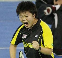 All fired up: Tee Jin Yi celebrates her 21-18, 21-11 victory over Japan&rsquo;s Minatsu Mitani yesterday.
