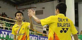 No sweat: Ow Yao Han (right) and Chooi Kah Ming stormed into the semi-finals by beating Chang Kai-liang-Lin Yu-te of Taiwan 21-17, 22-20 on Friday.