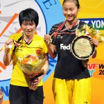China’s Wang Yihan(R) and her compatriot Jiang Yanjiao display their trophies during awarding ceremony after their women’s singles final match at Hong Kong open super series 2009 in Hong Kong, south China, Nov. 15, 2009. Wang Yihan won 2-0, and claimed the title of the event.