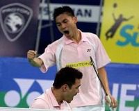 Koo Kien Keat-Tan Boon Heong celebrating after beating China&rsquo;s Chai Biao-Zhang Nan