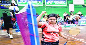 Sayli Rane reacts after winning the final of the U-19 Sushant Chipalkatti All India Badminton Junior Tournament on Sunday.