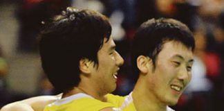 Korea's Ko Sung Hyun (left) and Yoo Yeon Seong celebrate after beating Koo Kien Keat and Tan Boon Heong in the final of the Swiss Open in Basel yesterday.