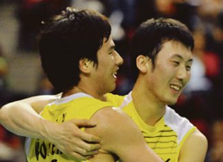 Korea's Ko Sung Hyun (left) and Yoo Yeon Seong celebrate after beating Koo Kien Keat and Tan Boon Heong in the final of the Swiss Open in Basel yesterday.