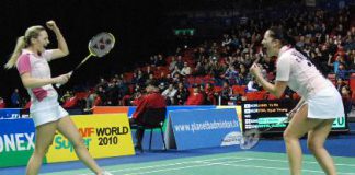 Jenny Wallwork and Gabby White celebrate a victory at All England Championships