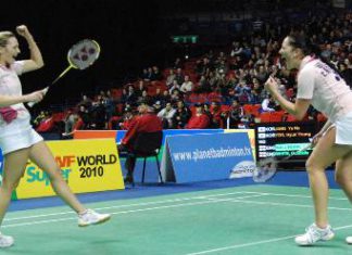 Jenny Wallwork and Gabby White celebrate a victory at All England Championships