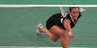 Russia's Olga Golovanova (top) seen in action against Japan's Ai Goto at the Uber Cup badminton championships