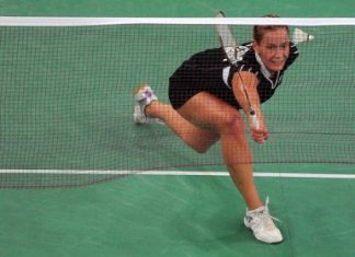 Russia's Olga Golovanova (top) seen in action against Japan's Ai Goto at the Uber Cup badminton championships