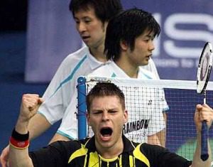 Shortlived joy: Germany's Michael Fuchs celebrate after the first singles win over Japan's Hiroyuki Endo-Yoshiteru Hirobe in the quarter-finals last night.