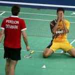 Hafiz the hero: Malaysia’s third singles player Mohd Hafiz Hashim celebrates after defeating Denmark’s Joachim Persson 21-12, 21-10 for the winning point in their Thomas Cup quarter-final tie at the Putra Stadium in Bukit Jalil last night.