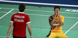 Hafiz the hero: Malaysia's third singles player Mohd Hafiz Hashim celebrates after defeating Denmark's Joachim Persson 21-12, 21-10 for the winning point in their Thomas Cup quarter-final tie at the Putra Stadium in Bukit Jalil last night.