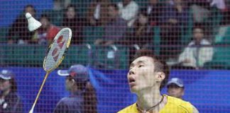 Steady progress: Lee Chong Wei in action against Hong Kong&rsquo;s Chan Yan Kit in the men&rsquo;s singles round of 16 yesterday. The Malaysian won 17-21, 21- 9, 21-6.
