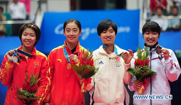 China's Wang Shixian celebrates her win over compatriot Wang Xin during the badminton women's singles final at the 16th Asian Games in Guangzhou