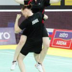 Danish delight: Christina Pedersen (top) and Kamilla Rytter Juhl celebrate after beating South Korea&rsquo;s Ha Jungeun- Kim Min-jung 21-19, 21-18 to win the women&rsquo;s doubles final yesterday.