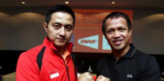 Dynamic duo: Ricky Subagja (left) and Rexy Mainaky posing for the camera during the BWF press conference yesterday.