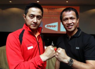 Dynamic duo: Ricky Subagja (left) and Rexy Mainaky posing for the camera during the BWF press conference yesterday.