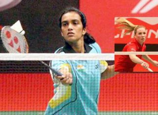 Promising players: India&rsquo;s P. V. Sindhu returns a shot to China&rsquo;s Wang Yihan during their Group A match at the Sudirman Cup yesterday. Inset: Line Kjaersfeldt of Denmark.