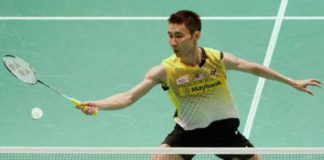 Back to you: Lee Chong Wei returns a shot to Taiwan&rsquo;s Yang Chih-hsun during their Group C opening match at the Putra Stadium yesterday.
