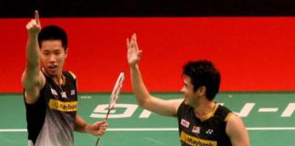No cheer: Malaysia&rsquo;s Goh V Shem and Lim Khim Wah celebrate their win over German pair Ingo Kindervater-Johannes Schoettler the Sudirman Cup at the Putra Stadium in Bukit Jalil Tuesday.
