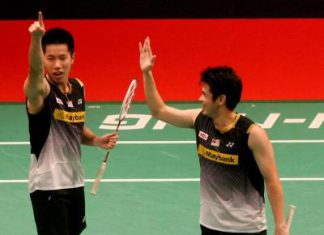 No cheer: Malaysia&rsquo;s Goh V Shem and Lim Khim Wah celebrate their win over German pair Ingo Kindervater-Johannes Schoettler the Sudirman Cup at the Putra Stadium in Bukit Jalil Tuesday.