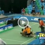 Bodin Issara lunging at his ex-partner Maneepong Jongjit and chasing him around the court, then onto a neighboring court before repeatedly punching him and kicking him on the ground.