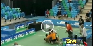 Bodin Issara lunging at his ex-partner Maneepong Jongjit and chasing him around the court, then onto a neighboring court before repeatedly punching him and kicking him on the ground.