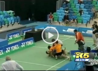 Bodin Issara lunging at his ex-partner Maneepong Jongjit and chasing him around the court, then onto a neighboring court before repeatedly punching him and kicking him on the ground.