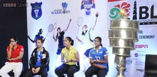Jwala Gutta of Delhi Smashers, Denmark's Mathias Boe of Awadhe Warriors, Saina Nehwal of Hyderabad Hotshots and PV Sindhu of Awadhe Warriors at the unveiling of the Indian Badminton League trophy.