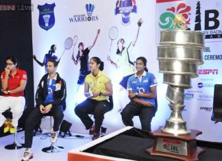 Jwala Gutta of Delhi Smashers, Denmark's Mathias Boe of Awadhe Warriors, Saina Nehwal of Hyderabad Hotshots and PV Sindhu of Awadhe Warriors at the unveiling of the Indian Badminton League trophy.