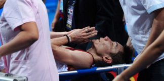 Lee Chong Wei is stretchered away during his World Badminton Championships final against Lin Dan in Guangzhou on August 11, 2013. Lin's win was overshadowed by the failure of the air conditioning mid-match, fuelling conspiracy theories and possibly contributing to Lee's withdrawal on a stretcher with cramp.