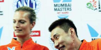 Lee Chong Wei (right) with his Mumbai Masters&rsquo; teammate and All England winner Tine Buan at the National Sports Club of India yesterday. Mumbai Masters take on Delhi Smashers in their IBL encounter today