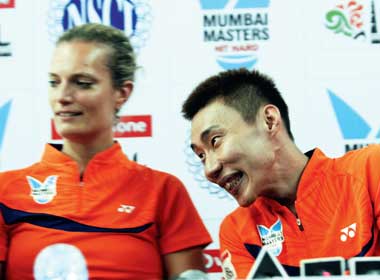 Lee Chong Wei (right) with his Mumbai Masters&rsquo; teammate and All England winner Tine Buan at the National Sports Club of India yesterday. Mumbai Masters take on Delhi Smashers in their IBL encounter today