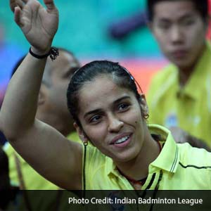 Saina Nehwal after her women's singles win. Saina Nehwal after her women's singles win.